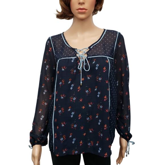Abercrombie & Fitch Peasant Floral Top Sz S Navy Blue Long Sleeve Lace up Boho - Picture 3 of 13